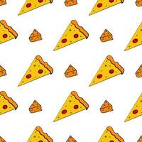 Seamless patterns with pizza and cheese. Cheese icon in flat style. A slice of pizza. Suitable for backgrounds, postcards, and wrapping paper. . vector