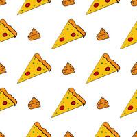 Seamless patterns with pizza and cheese. Cheese icon in flat style. A slice of pizza. Suitable for backgrounds, postcards, and wrapping paper. Vector. vector