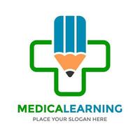 plantilla de logotipo de vector de aprendizaje médico. este diseño utiliza símbolo de cruz y lápiz. adecuado para la educación para la salud.