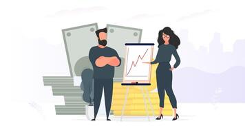 Set for posters and presentations. The girl and the man show the report to the boss. Presentation with positive dynamics. Board for paper. Infographics. Business growth. Isolated. . vector