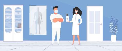 Man and Girl doctor. Medics in medical masks. Spray bottle. Medical office. Doctor's office. Cabinet, medicines. Vector. vector