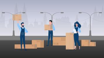 Moving home banner. Moving home to a new place. Movers carry boxes. Carton boxes. The concept of transportation and delivery of goods. Vector. vector