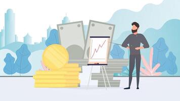The man gives an idea. The guy shows a report with positive dynamics. Board for paper. Infographics. Business growth. . vector