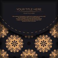 Ready-made postcard design with abstract vintage mandala ornament. Black-gold luxurious colors. Can be used as background and wallpaper. vector