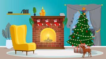 Año nuevo. una habitación con chimenea, árbol de navidad y regalos. vector. vector