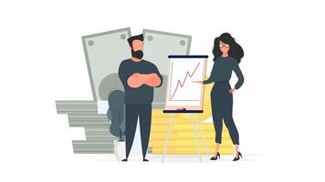 The girl shows a report to the boss. Presentation with positive dynamics. Board for paper. Infographics. Business growth. Isolated. Vector. vector