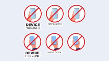 Set of stickers. Crossed out hand icon with a phone. The concept of ban devices, free zone devices, digital detox. Blank for sticker. Isolated. Vector. vector