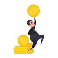 The robber holds a gold coin in his hands. The thief stole the money. Robbery and security concept. Isolated. Vektor. vector