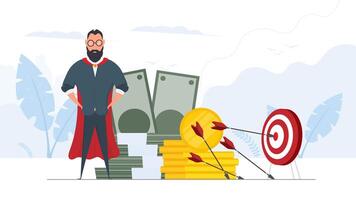 The businessman hits the target. Hit the center of the target with an arrow. Businessman with a mountain of money. Business concept of motivation and achievement. Vector. vector