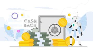 Cashback banner. The robot is holding money. Robot assistant with a gold coin in his hands. A mountain of money. Dollars, bundles of money, gold coins. Vector. vector