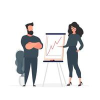 The girl shows a report to the boss. Presentation with positive dynamics. Board for paper. Infographics. Business growth. Isolated. Vector. vector