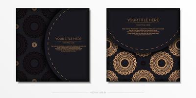 Dark black gold postcard template with white abstract mandala ornament. Elegant and classic elements are great for decorating. Vector illustration.