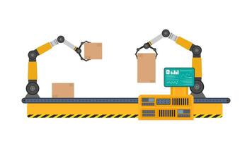 Robots moving boxes on conveyor belt vector