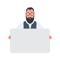 A man with a beard and glasses holding a blank sign vector