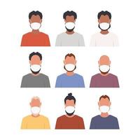 conjunto de avatares de hombres con máscaras médicas protectoras. iconos de niño en estilo plano. vector. vector
