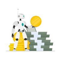 The robot is holding money. Robot assistant with a gold coin in his hands. A mountain of money. Dollars, bundles of money, gold coins. Isolated. Vector. vector