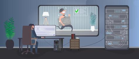 A security guard is watching a burglar in a security room. Identification of a thief. A thief steals a bank card near an ATM. Safety concept. . vector