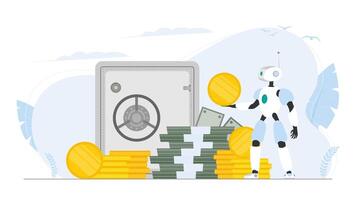 The robot is holding money. Robot assistant with a gold coin in his hands. A mountain of money. Dollars, bundles of money, gold coins. Vector. vector