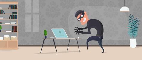 The thief entered the apartment and steals the laptop. An office robber steals data. Security and robbery concept. . vector