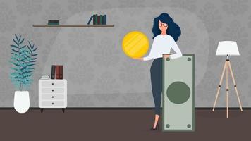 The girl is holding a dollar. Woman with a gold coin in her hands. The concept of earning and successful business. Vector. vector