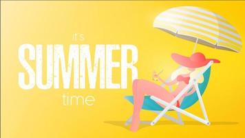 It is summer time. Yellow banner. Girl with a cocktail in her hands leeit on a deck chair. Chewing gum under an umbrella from the sun. Vector illustration.