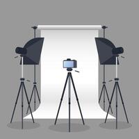 Photo Studio . Blank white canvas background on tripods. Camera on a tripod, softbox. Professional photo studio. vector