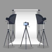 Photo Studio Vector. Blank white canvas background on tripods. Camera on a tripod, softbox. Professional photo studio. vector