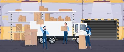Large warehouse with drawers. Movers carry boxes. The girl with the list checks availability. Big truck. Carton boxes. The concept of transportation, delivery and logistics of goods. Vector. vector