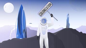 City of the future with unusual buildings. City on Mars. The astronaut in a protective suit. Cosmonaft holds a sign with the words colonization. Fantasy colonization of planets. Vector. vector