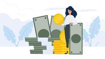 Woman and a mountain of money. The girl stands near gold coins and large dollar bills. A bundle of money. The concept of a successful business, earnings and wealth. Vector. vector