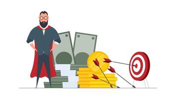 The businessman hits the target. Hit the center of the target with an arrow. Businessman with a mountain of money. Business concept of motivation and achievement. Isolated. Vector. vector