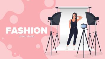 banner de estudio de fotografía de moda. chica posando para la cámara. fondo de lienzo blanco sobre trípodes. cámara en un trípode, softbox. estudio fotográfico profesional. vector. vector