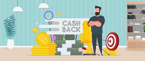 Businessman and a mountain of money. A man stands near gold coins and large dollar bills. Cashback lettering isolated on white background. Golden coins. Composition on the topic of money back. vector