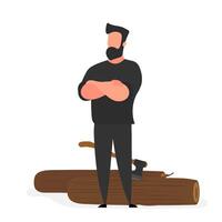 Strong lumberjack. The guy folded his arms over his chest. Large logs and an ax. Isolated. Vector. vector