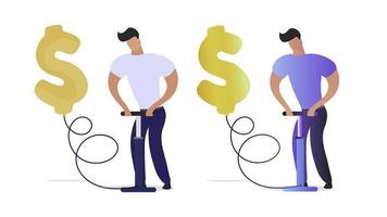 Businessman inflating a dollar ball with a hand pump. Business success and finance flat concept illustration. Man makes money. Financial, progress, achievement and marketing vector design element.
