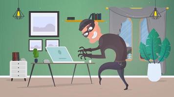 Thief in the house. A robber steals data from a laptop. Safety concept. Thief man stealing an apartment. Vector illustration.