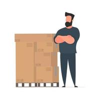 A man stands with cardboard boxes. Delivery and trucking concept. Isolated. Vector. vector