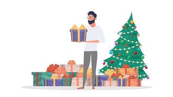 The guy is holding a gift in his hands. New Year tree, many gifts, man. New year concept. Isolated. Vector. vector