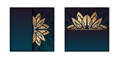 Blue gradient brochure template with vintage gold pattern for your brand. vector
