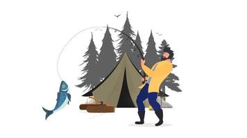 The fisherman caught the fish. Vacation concept with a tent and fishing. Tent, silo forests, bonfire, logs, a man with a wretch. Isolated. vector