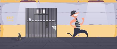 A prisoner escapes from prison. Escape the criminal. Policeman runs after the criminal. Cartoon style. . vector