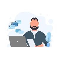 Businessman works at a laptop. A man in a jacket. Isolated. . vector