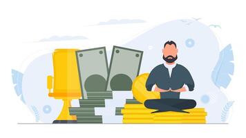 The man is meditating on the background of money. Business man doing yoga. Large stack of dollars and gold coins. . vector