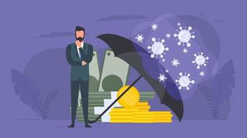 A virus-protected businessman is hidden under an umbrella. Virus attack on business. Vector illustration