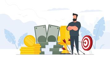 A man with a target and money standing next to stacks of money vector