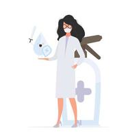 Girl doctor holds a sanitizer in her hands. Medical woman in a white coat. A drop with a sword and shield surrounded by virus molecules. Disinfectant in flat style. vector