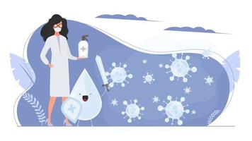 Girl doctor holds a sanitizer in her hands. Medical woman in a white coat. A drop with a sword and shield surrounded by virus molecules. Disinfectant in flat style. vector