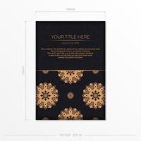 Ready-made postcard design with abstract vintage mandala ornament. Black-gold luxurious colors. Can be used as background and wallpaper. Elegant and classic vector elements