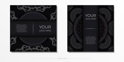 Dark black and white invitation card template with white Indian ornaments. Elegant and classic vector elements ready for print and typography.