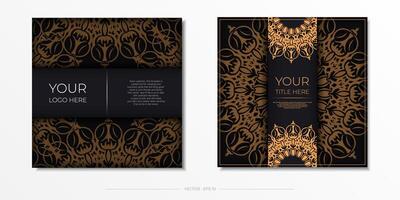 Square postcards in Black with luxurious ornaments. Vector design of invitation card with vintage patterns.